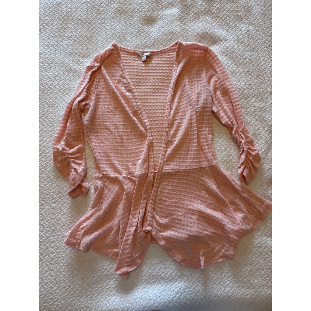 Candies Pink Waffle Knit Open Front Peplum Cardigan Ruched 3/4 Sleeve Medium